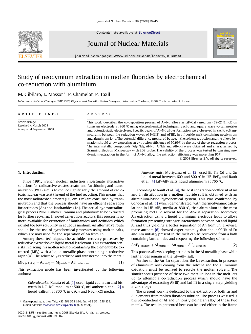 عکس صفحه اول مقاله: Study of neodymium extraction in molten fluorides by electrochemical co-reduction with aluminium Study of neodymium extraction in molten fluorides by electrochemical co-reduction with aluminium
