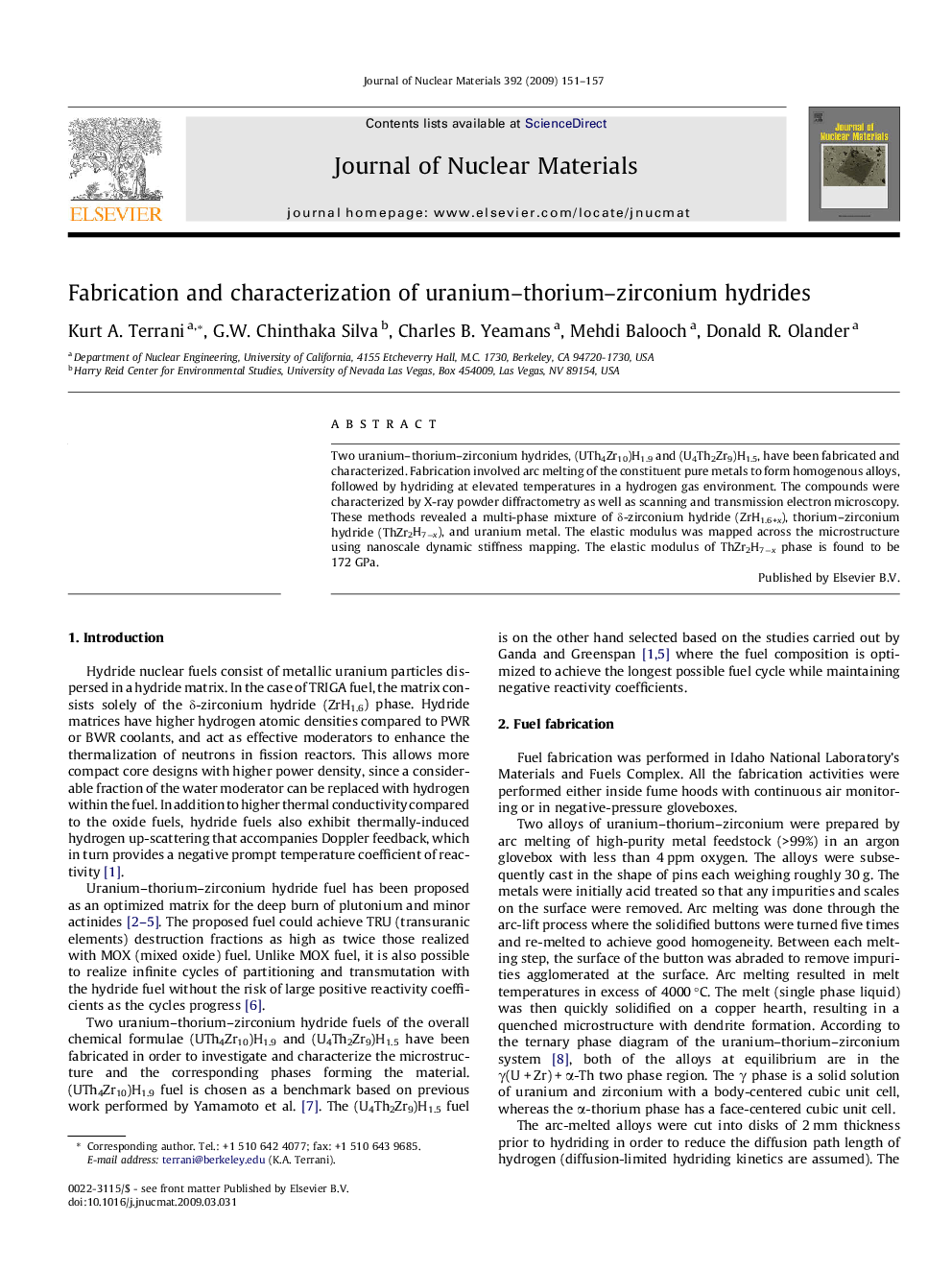 Fabrication and characterization of uranium–thorium–zirconium hydrides