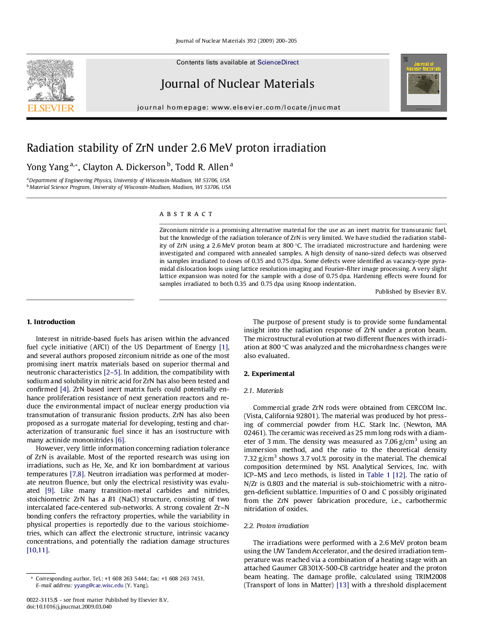 Radiation stability of ZrN under 2.6 MeV proton irradiation