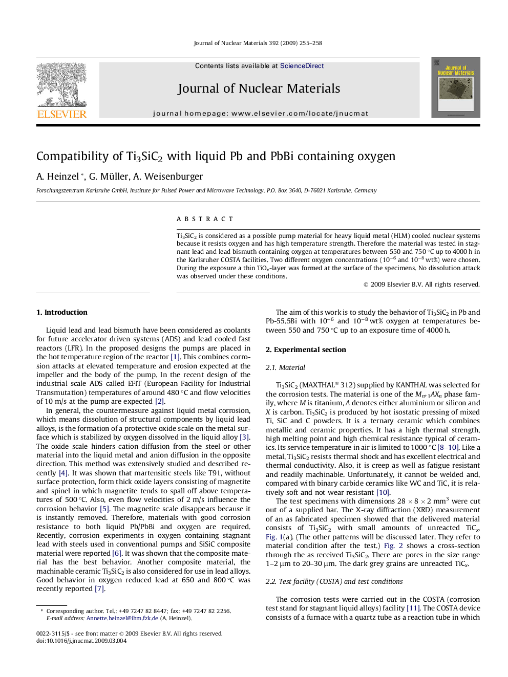 Compatibility of Ti3SiC2 with liquid Pb and PbBi containing oxygen