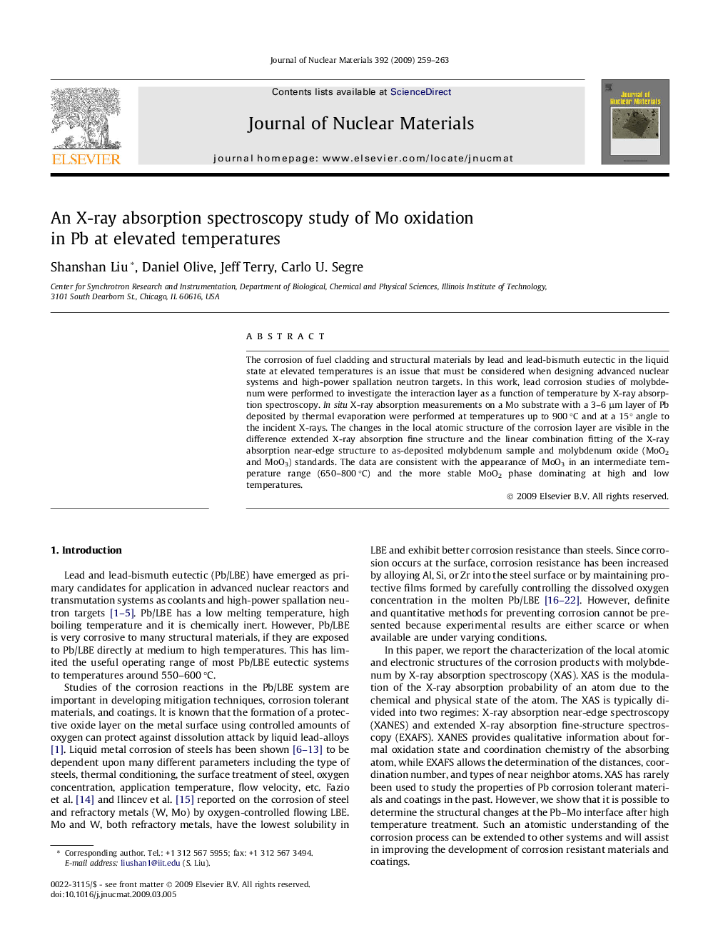 An X-ray absorption spectroscopy study of Mo oxidation in Pb at elevated temperatures
