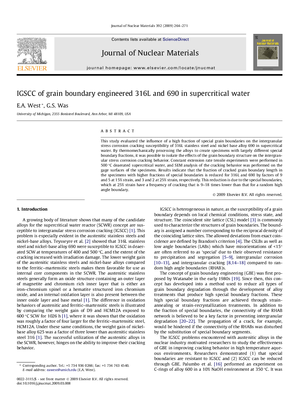 IGSCC of grain boundary engineered 316L and 690 in supercritical water