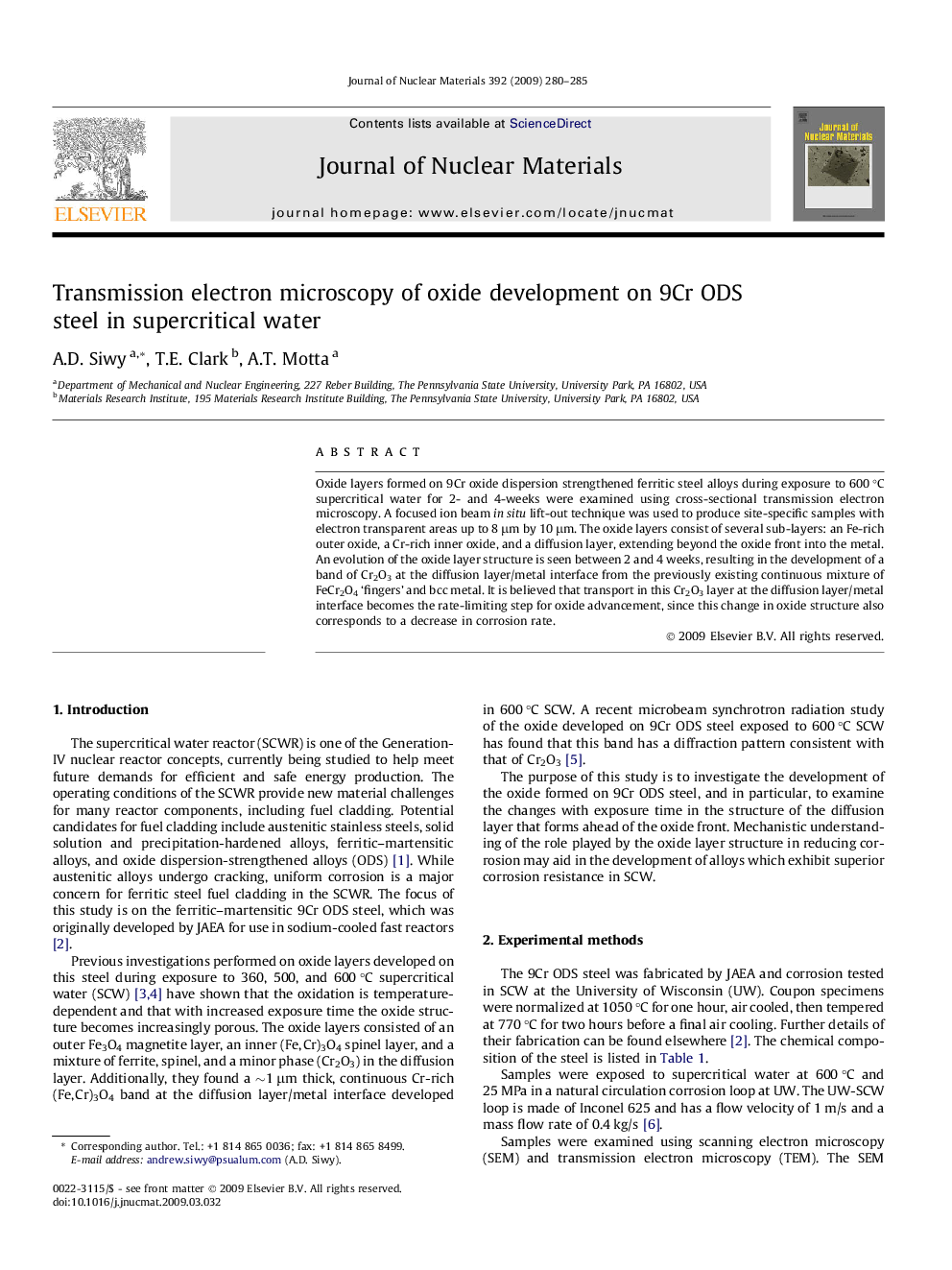 Transmission electron microscopy of oxide development on 9Cr ODS steel in supercritical water