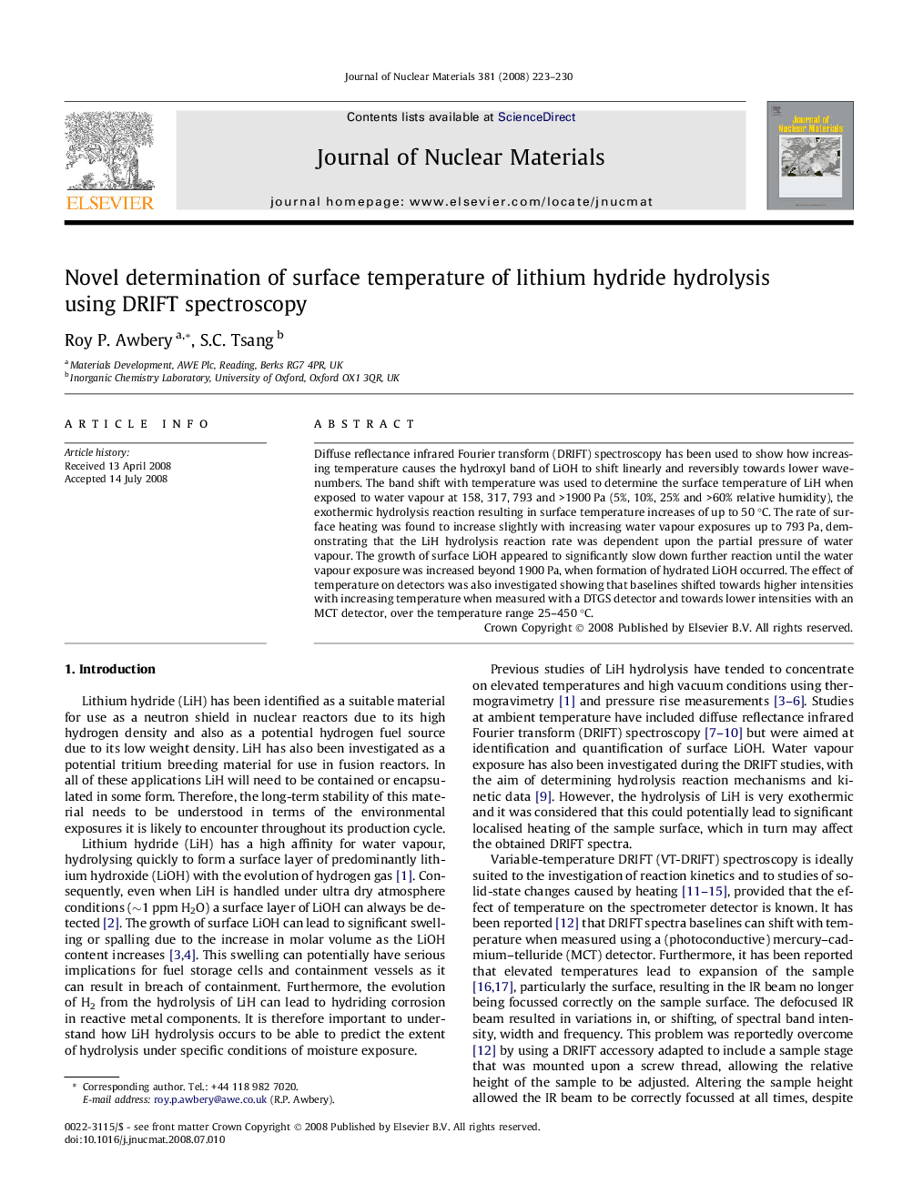 Novel determination of surface temperature of lithium hydride hydrolysis using DRIFT spectroscopy