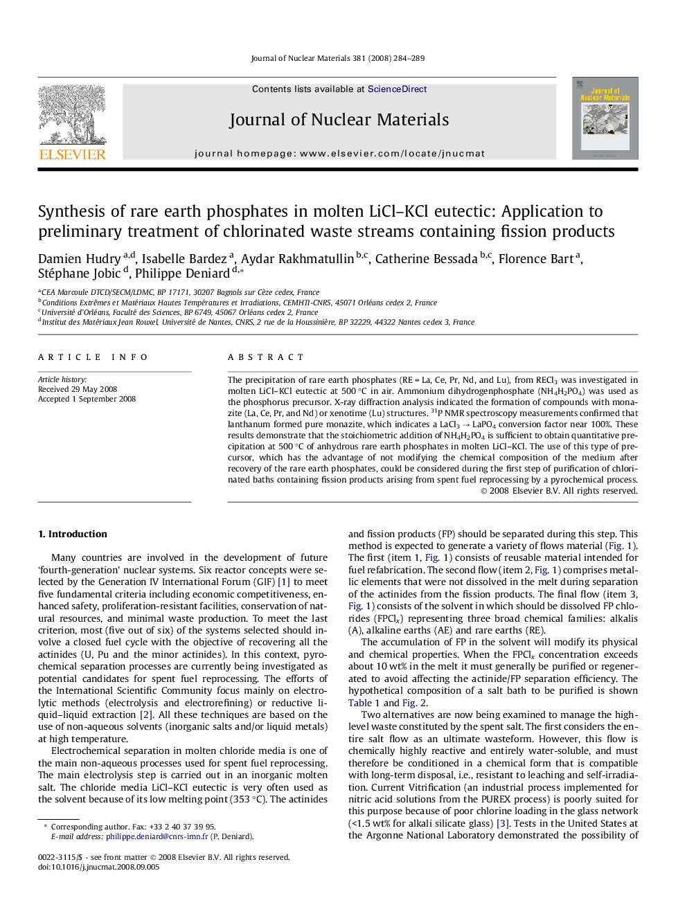 Synthesis of rare earth phosphates in molten LiCl–KCl eutectic: Application to preliminary treatment of chlorinated waste streams containing fission products