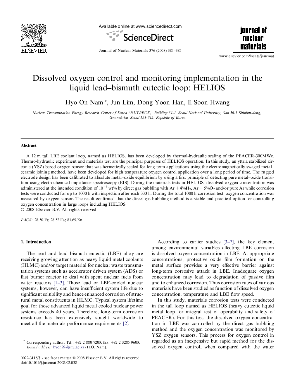 عکس صفحه اول مقاله: Dissolved oxygen control and monitoring implementation in the liquid lead–bismuth eutectic loop: HELIOS Dissolved oxygen control and monitoring implementation in the liquid lead–bismuth eutectic loop: HELIOS