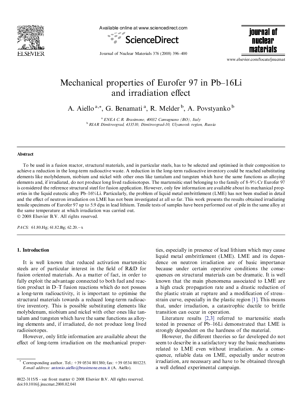 Mechanical properties of Eurofer 97 in Pb–16Li and irradiation effect