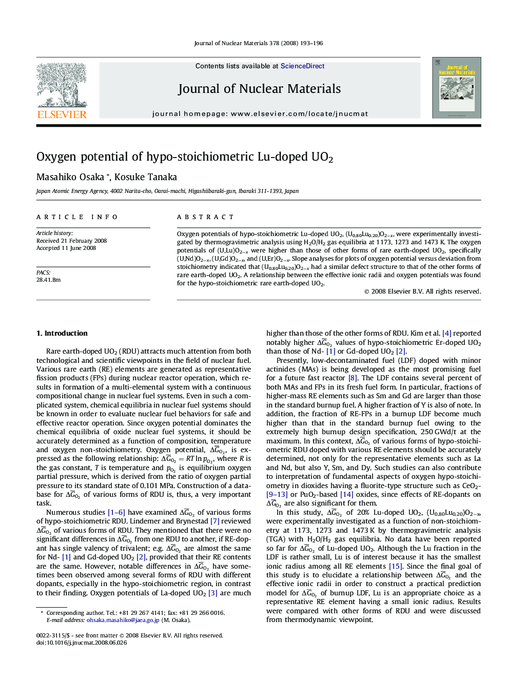 Oxygen potential of hypo-stoichiometric Lu-doped UO2