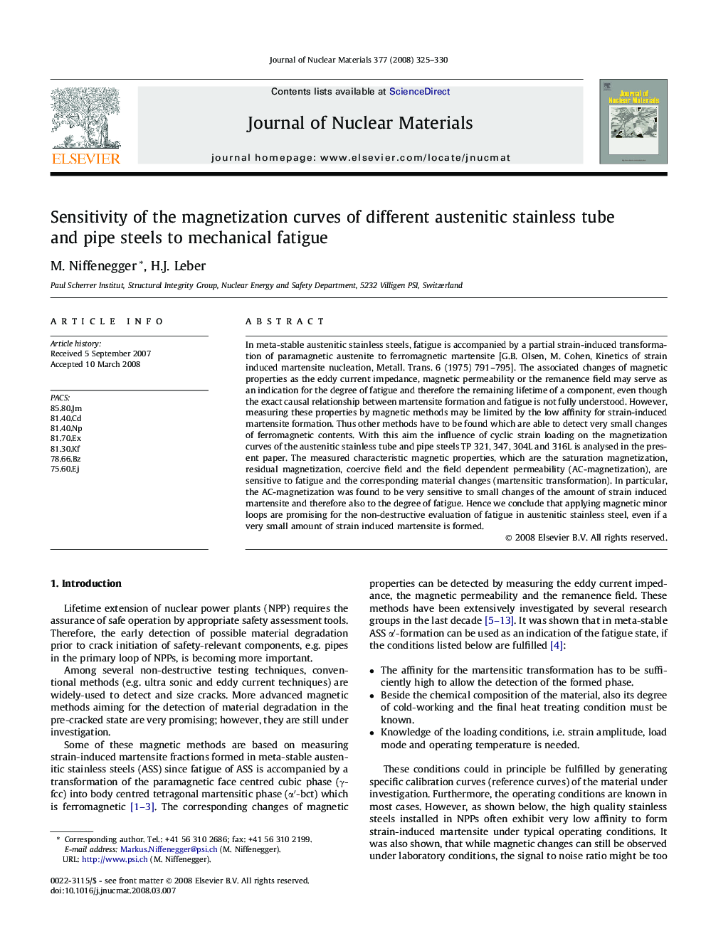 Sensitivity of the magnetization curves of different austenitic stainless tube and pipe steels to mechanical fatigue