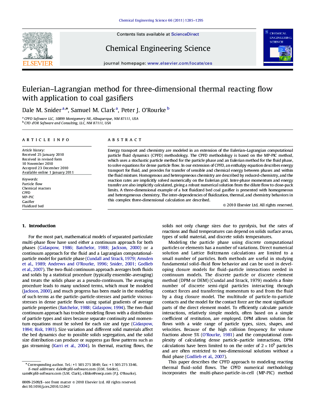 Eulerian–Lagrangian method for three-dimensional thermal reacting flow with application to coal gasifiers