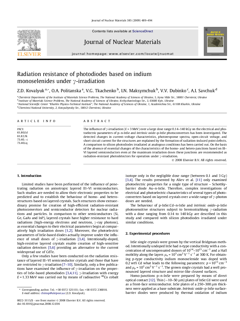 Radiation resistance of photodiodes based on indium monoselenides under Î³-irradiation