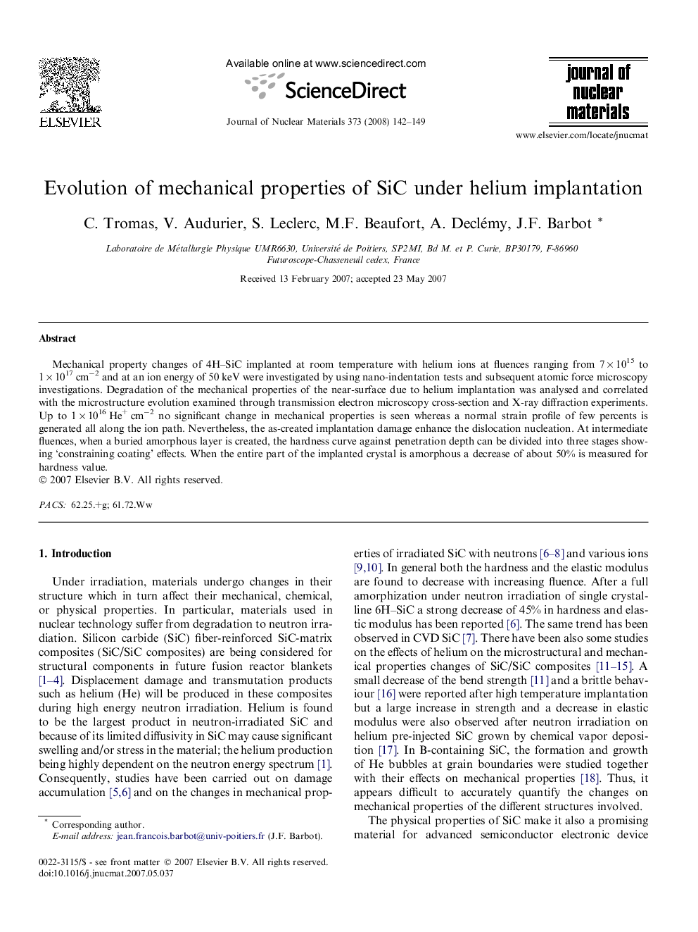 Evolution of mechanical properties of SiC under helium implantation