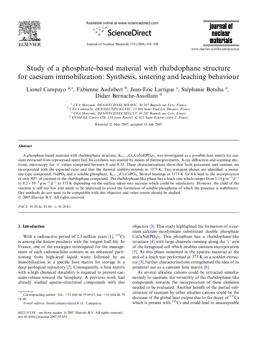 Study of a phosphate-based material with rhabdophane structure for caesium immobilization: Synthesis, sintering and leaching behaviour