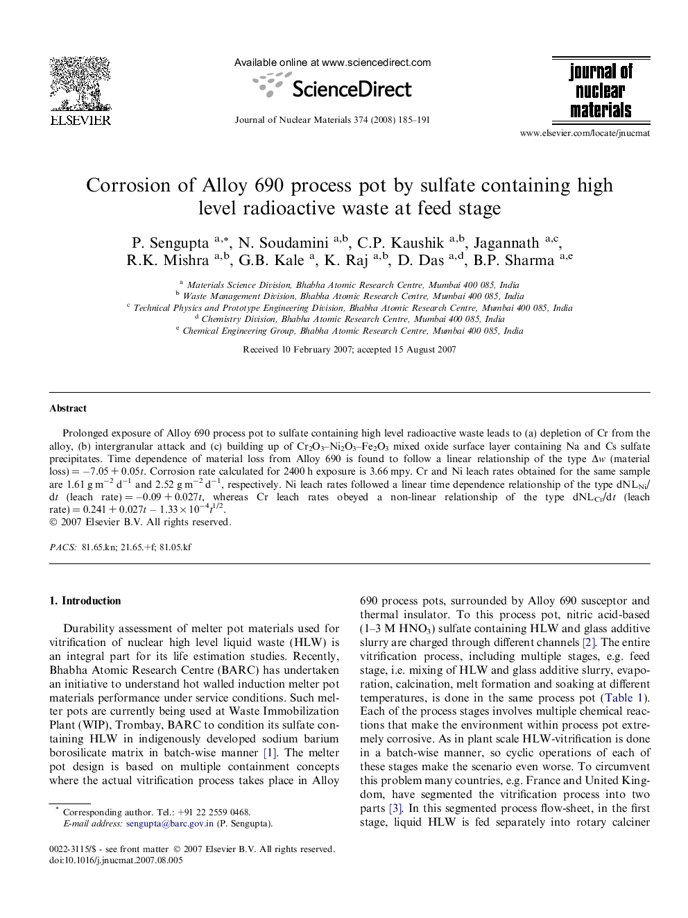 Corrosion of Alloy 690 process pot by sulfate containing high level radioactive waste at feed stage