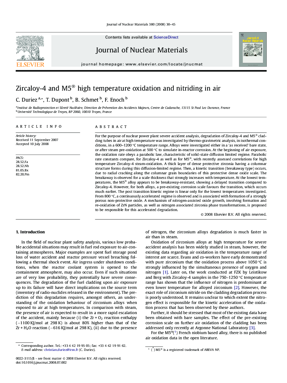 عکس صفحه اول مقاله: Zircaloy-4 and M5® high temperature oxidation and nitriding in air Zircaloy-4 and M5® high temperature oxidation and nitriding in air
