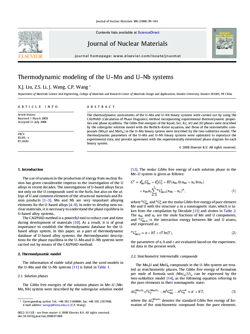 عکس صفحه اول مقاله: Thermodynamic modeling of the U–Mn and U–Nb systems Thermodynamic modeling of the U–Mn and U–Nb systems