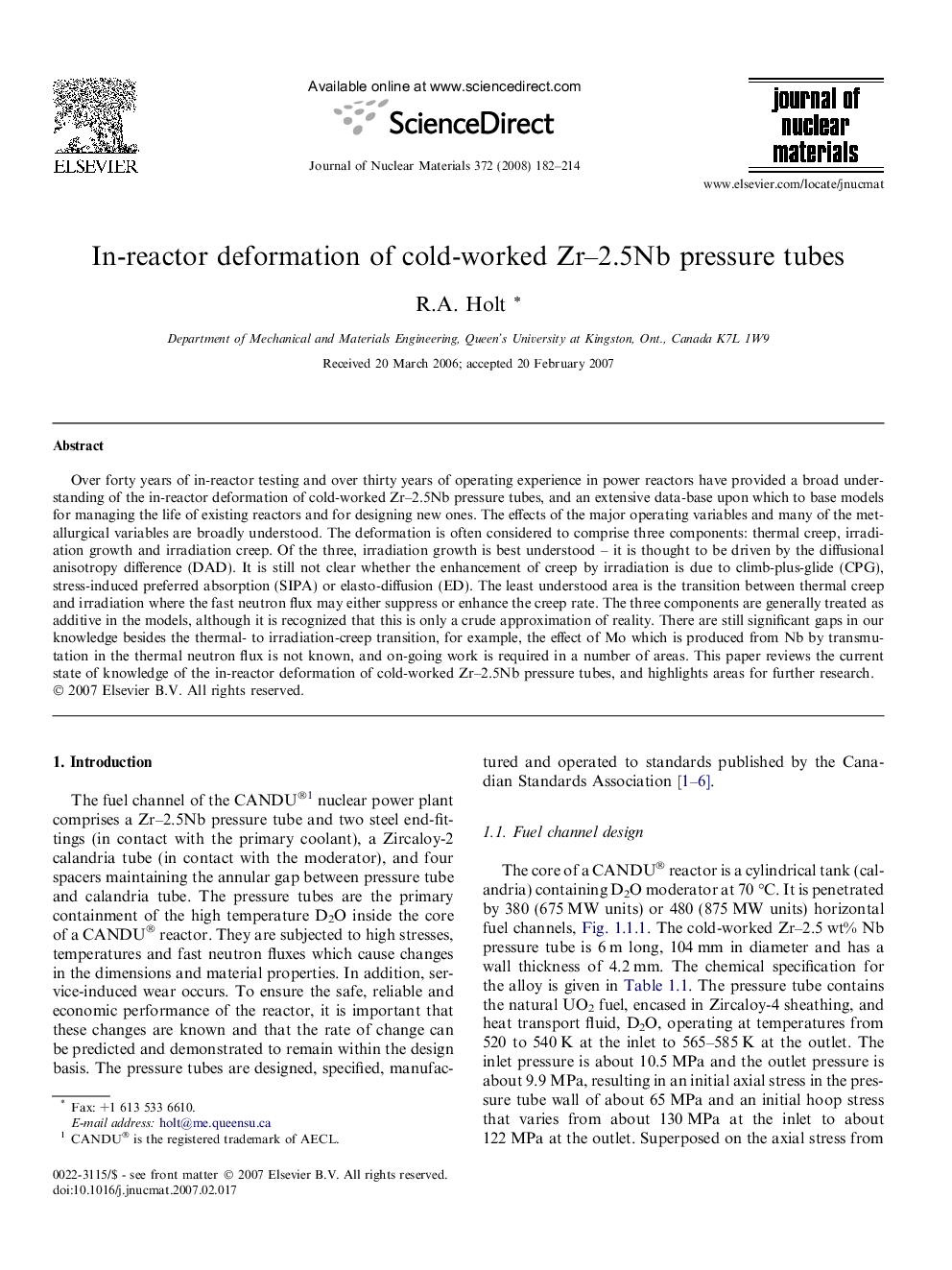 In-reactor deformation of cold-worked Zr–2.5Nb pressure tubes