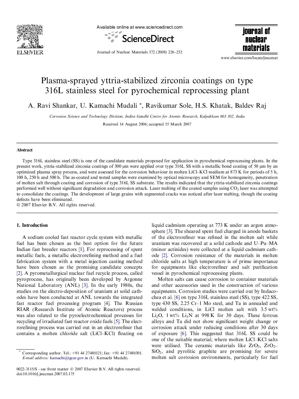 Plasma-sprayed yttria-stabilized zirconia coatings on type 316L stainless steel for pyrochemical reprocessing plant