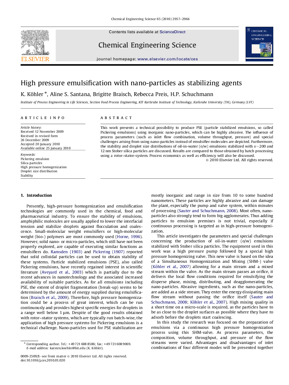 عکس صفحه اول مقاله: High pressure emulsification with nano-particles as stabilizing agents High pressure emulsification with nano-particles as stabilizing agents