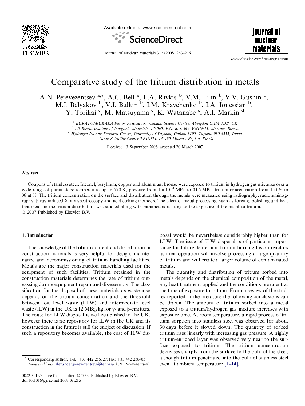 Comparative study of the tritium distribution in metals