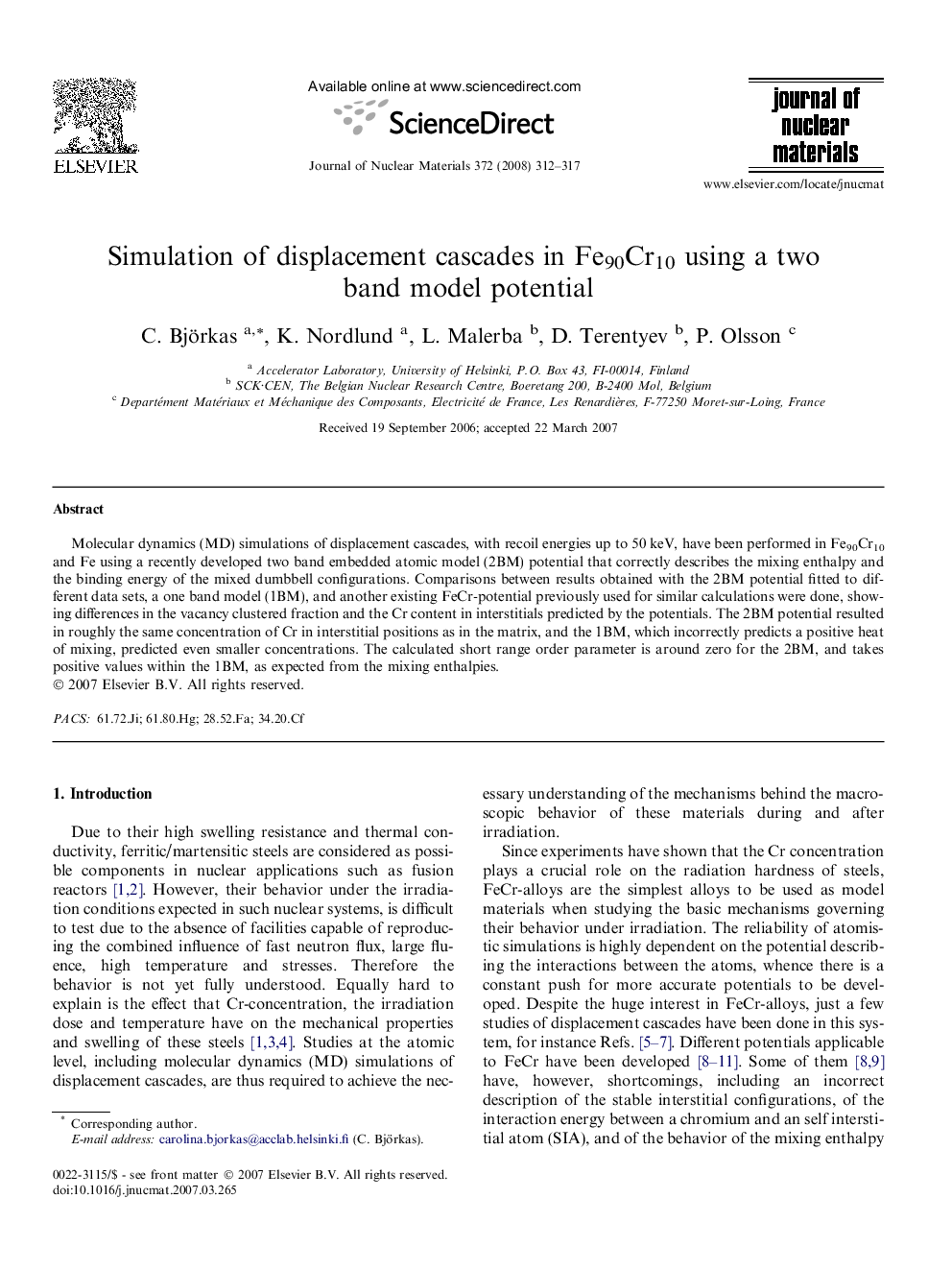 Simulation of displacement cascades in Fe90Cr10 using a two band model potential