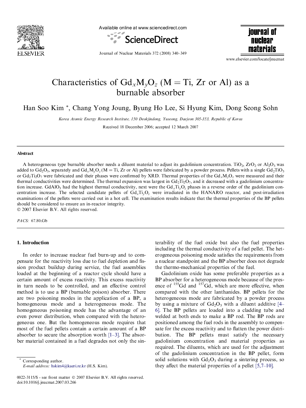 Characteristics of GdxMyOz (M = Ti, Zr or Al) as a burnable absorber