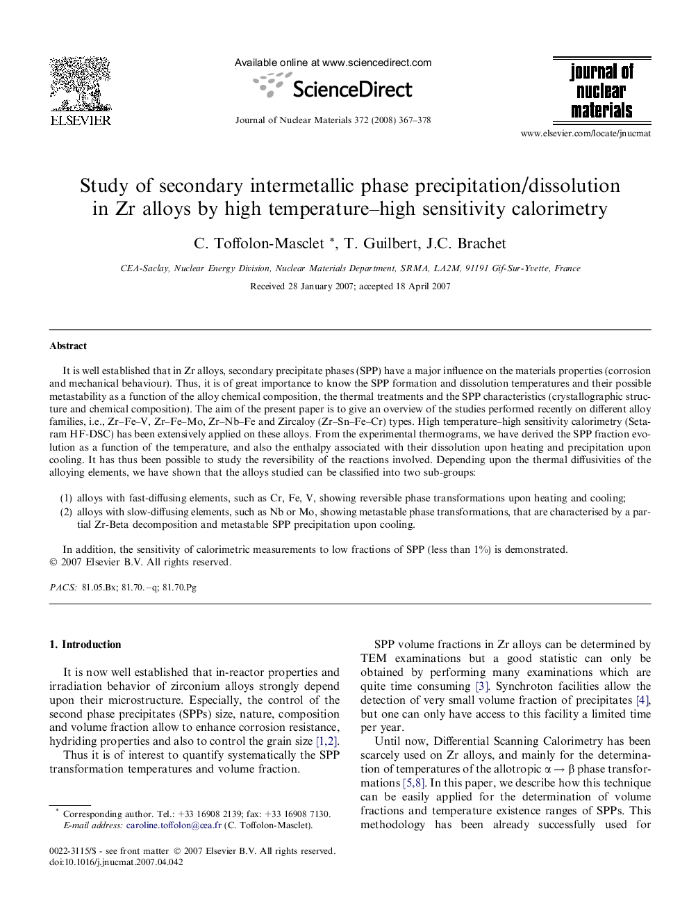 Study of secondary intermetallic phase precipitation/dissolution in Zr alloys by high temperature–high sensitivity calorimetry