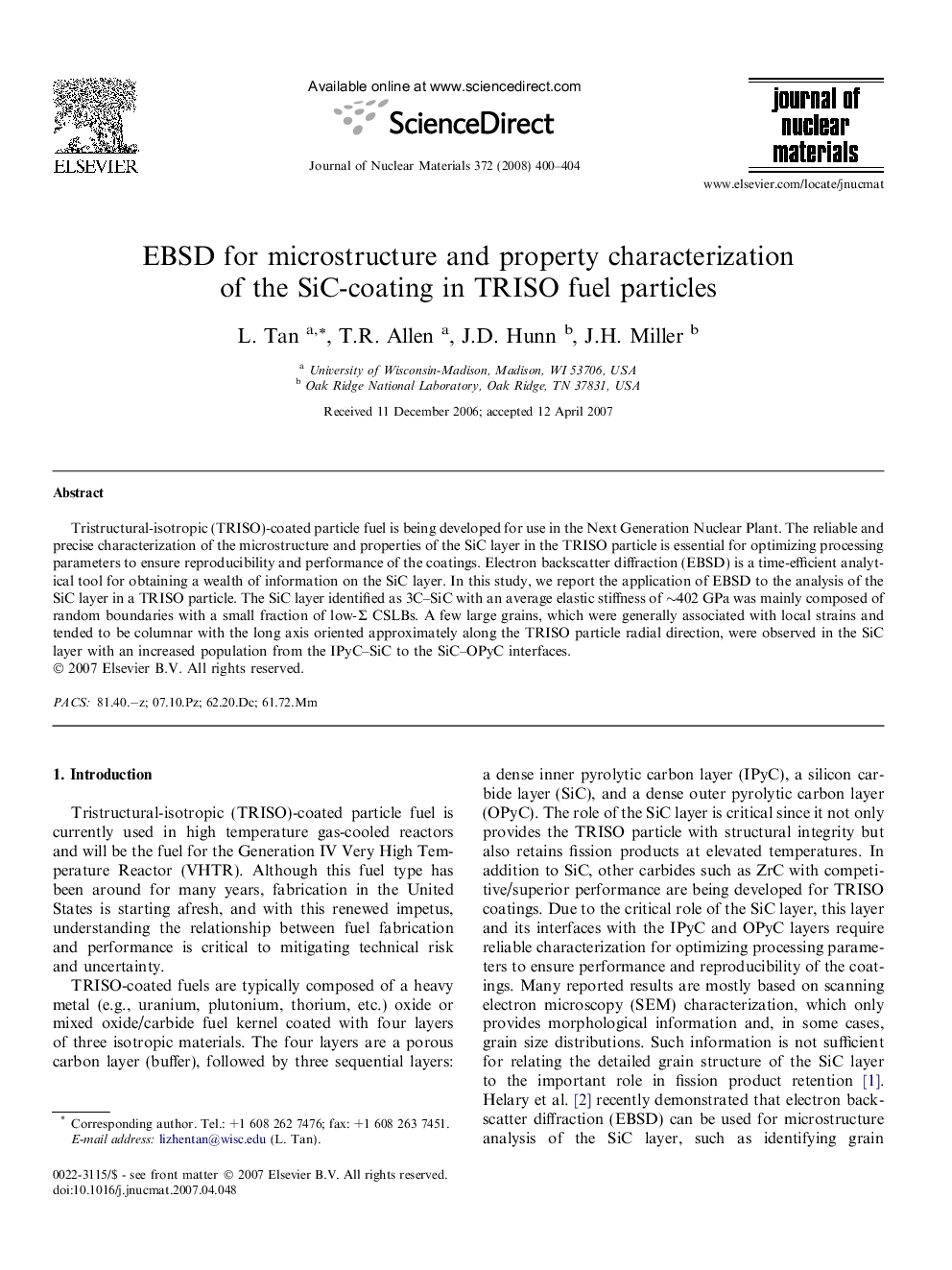 EBSD for microstructure and property characterization of the SiC-coating in TRISO fuel particles