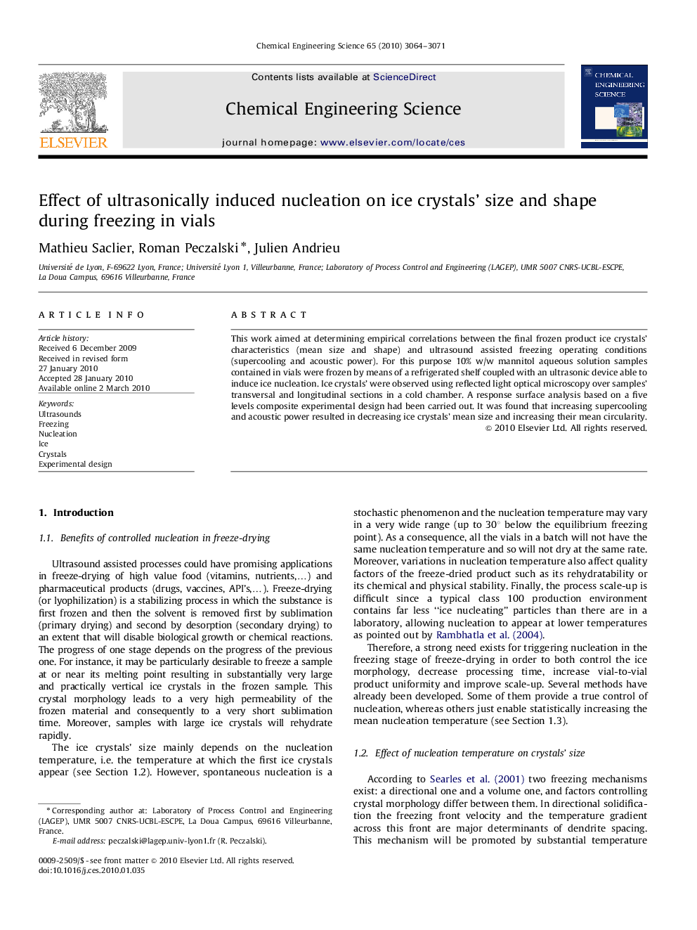 Effect of ultrasonically induced nucleation on ice crystals’ size and shape during freezing in vials