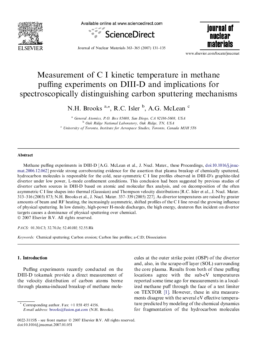 Measurement of C I kinetic temperature in methane puffing experiments on DIII-D and implications for spectroscopically distinguishing carbon sputtering mechanisms