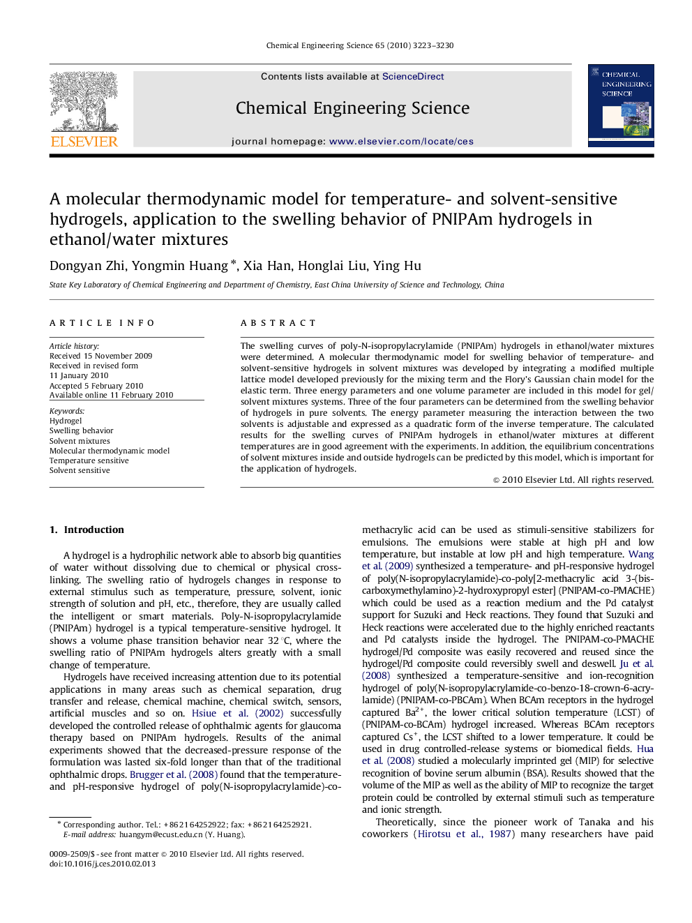 A molecular thermodynamic model for temperature- and solvent-sensitive hydrogels, application to the swelling behavior of PNIPAm hydrogels in ethanol/water mixtures