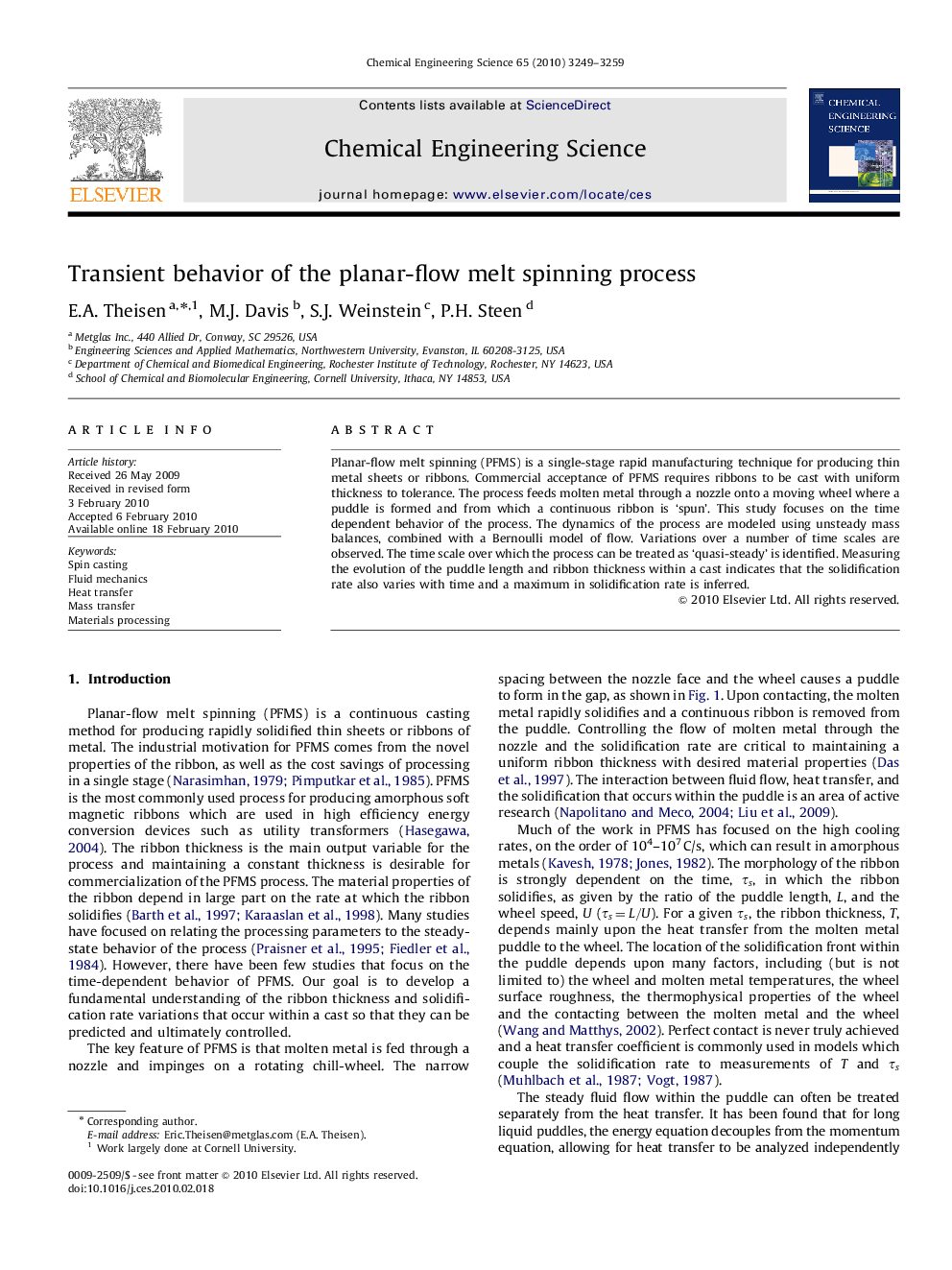 Transient behavior of the planar-flow melt spinning process