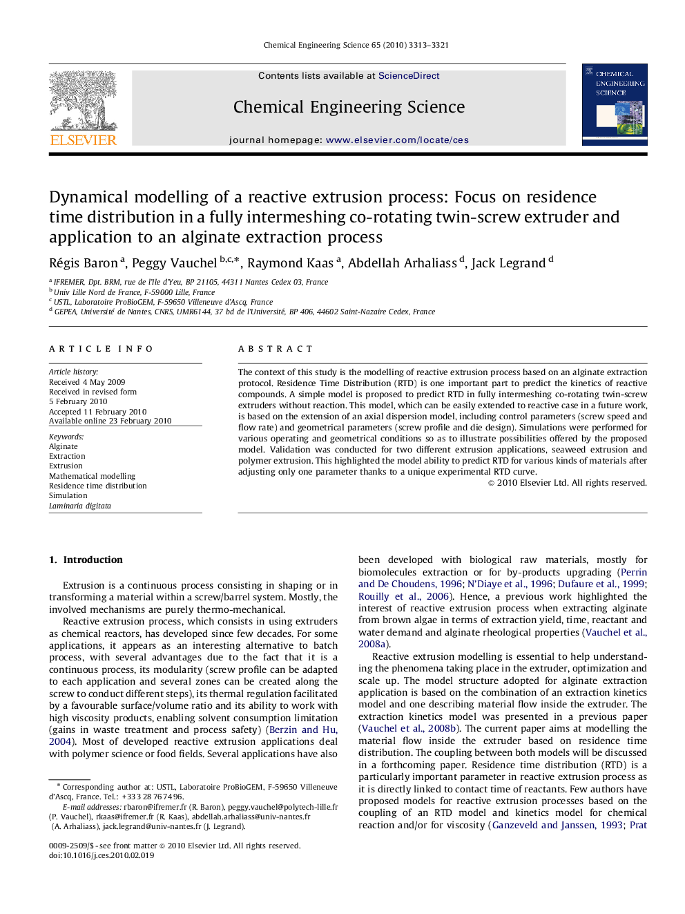 Dynamical modelling of a reactive extrusion process: Focus on residence time distribution in a fully intermeshing co-rotating twin-screw extruder and application to an alginate extraction process