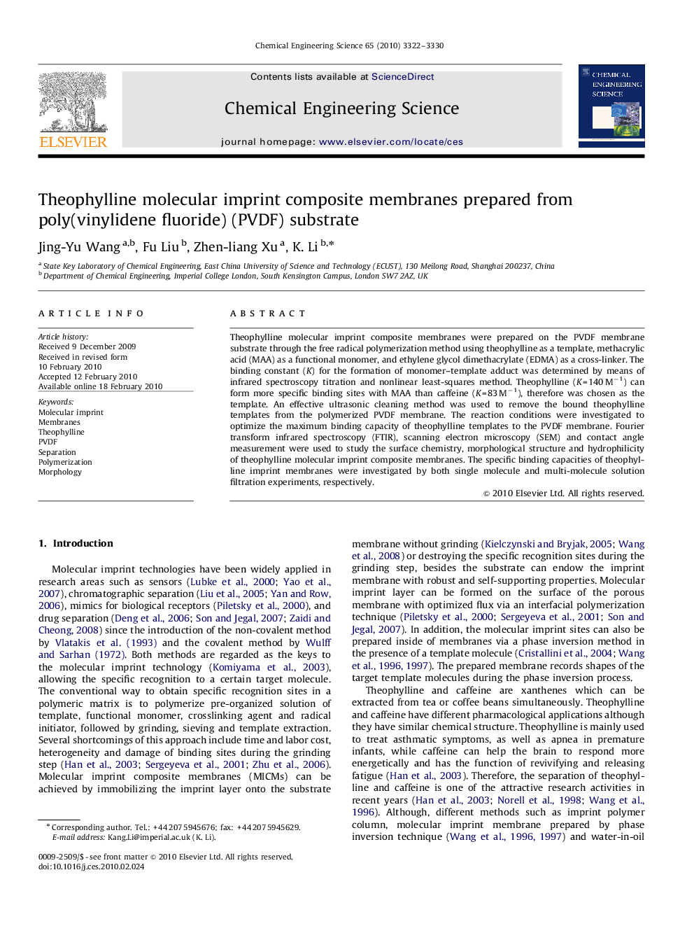 عکس صفحه اول مقاله: Theophylline molecular imprint composite membranes prepared from poly(vinylidene fluoride) (PVDF) substrate Theophylline molecular imprint composite membranes prepared from poly(vinylidene fluoride) (PVDF) substrate