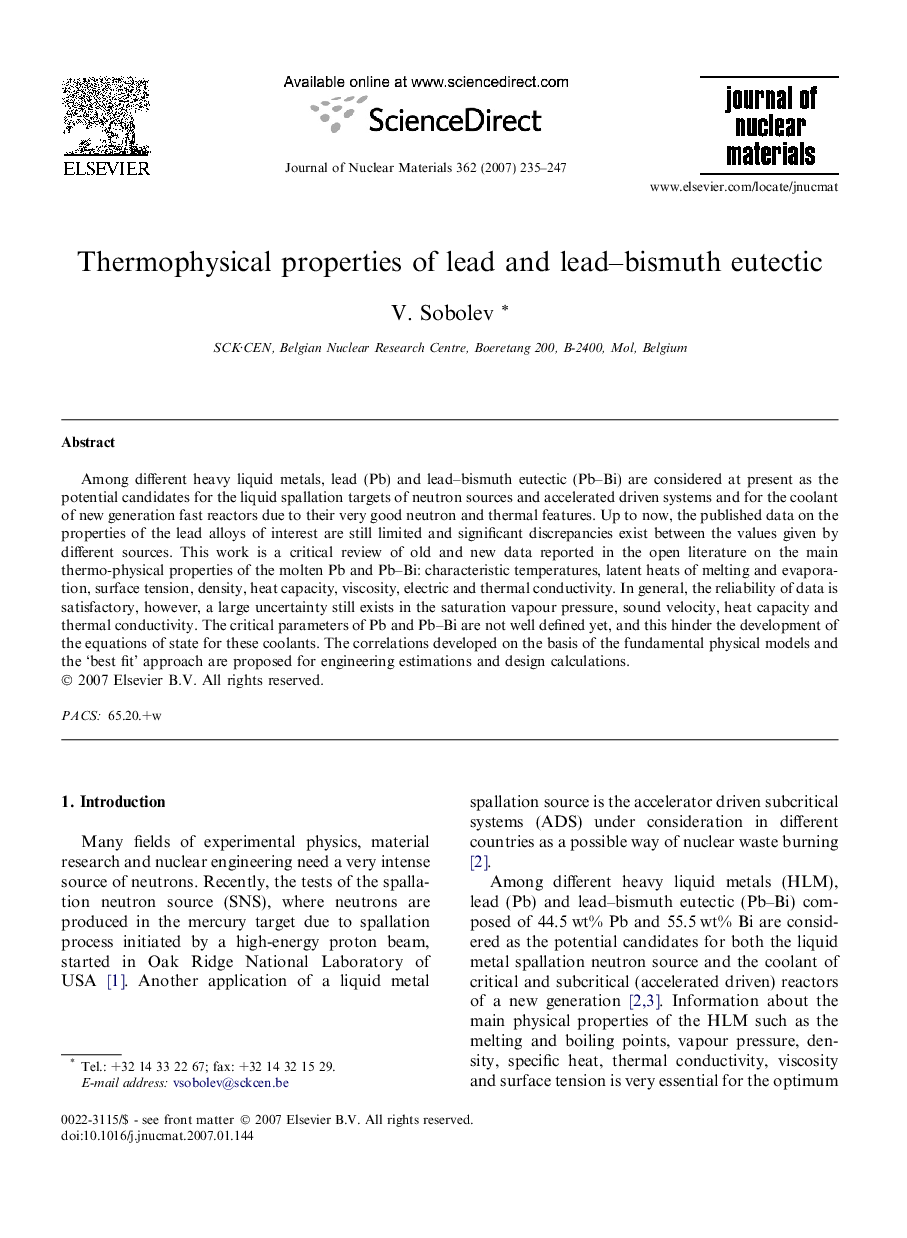 Thermophysical properties of lead and lead–bismuth eutectic