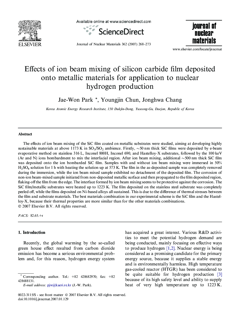 Effects of ion beam mixing of silicon carbide film deposited onto metallic materials for application to nuclear hydrogen production