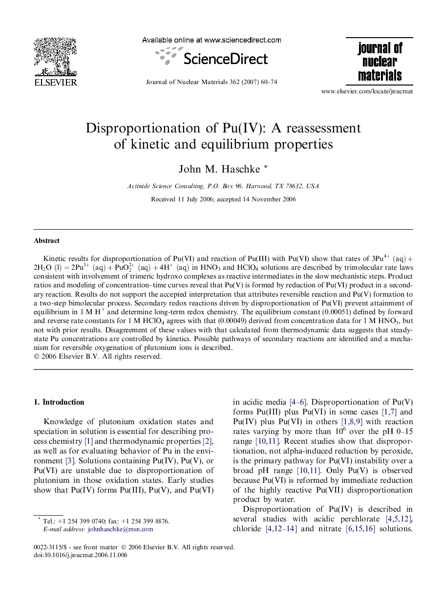 Disproportionation of Pu(IV): A reassessment of kinetic and equilibrium properties