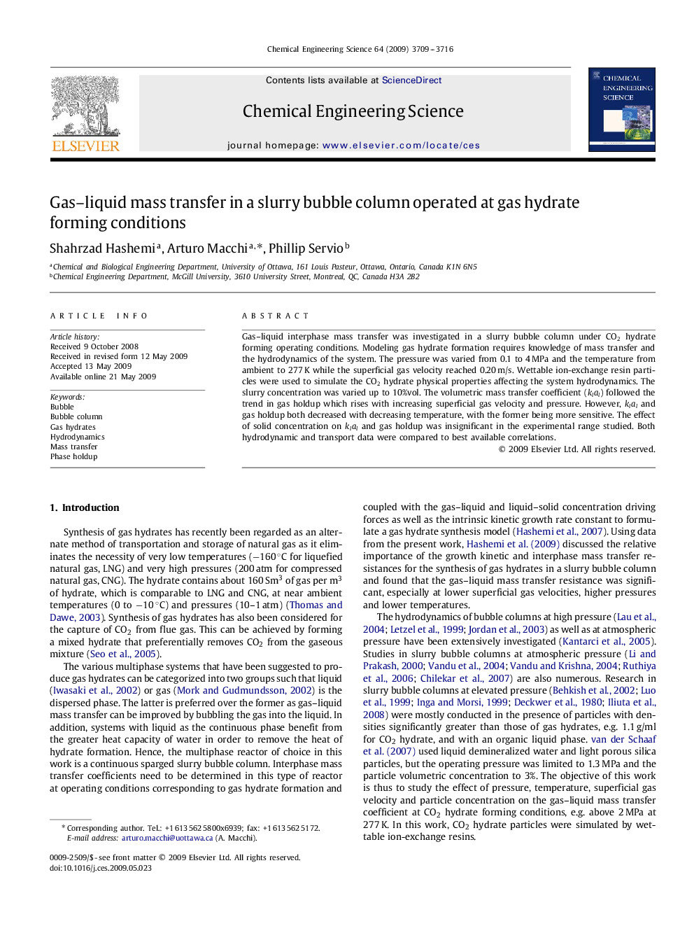 Gas–liquid mass transfer in a slurry bubble column operated at gas hydrate forming conditions