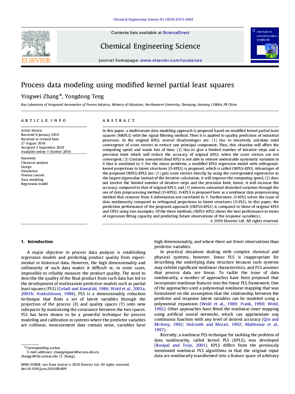 Process data modeling using modified kernel partial least squares