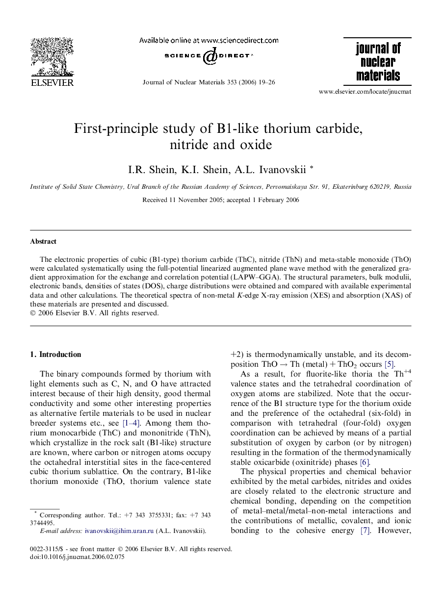 First-principle study of B1-like thorium carbide, nitride and oxide