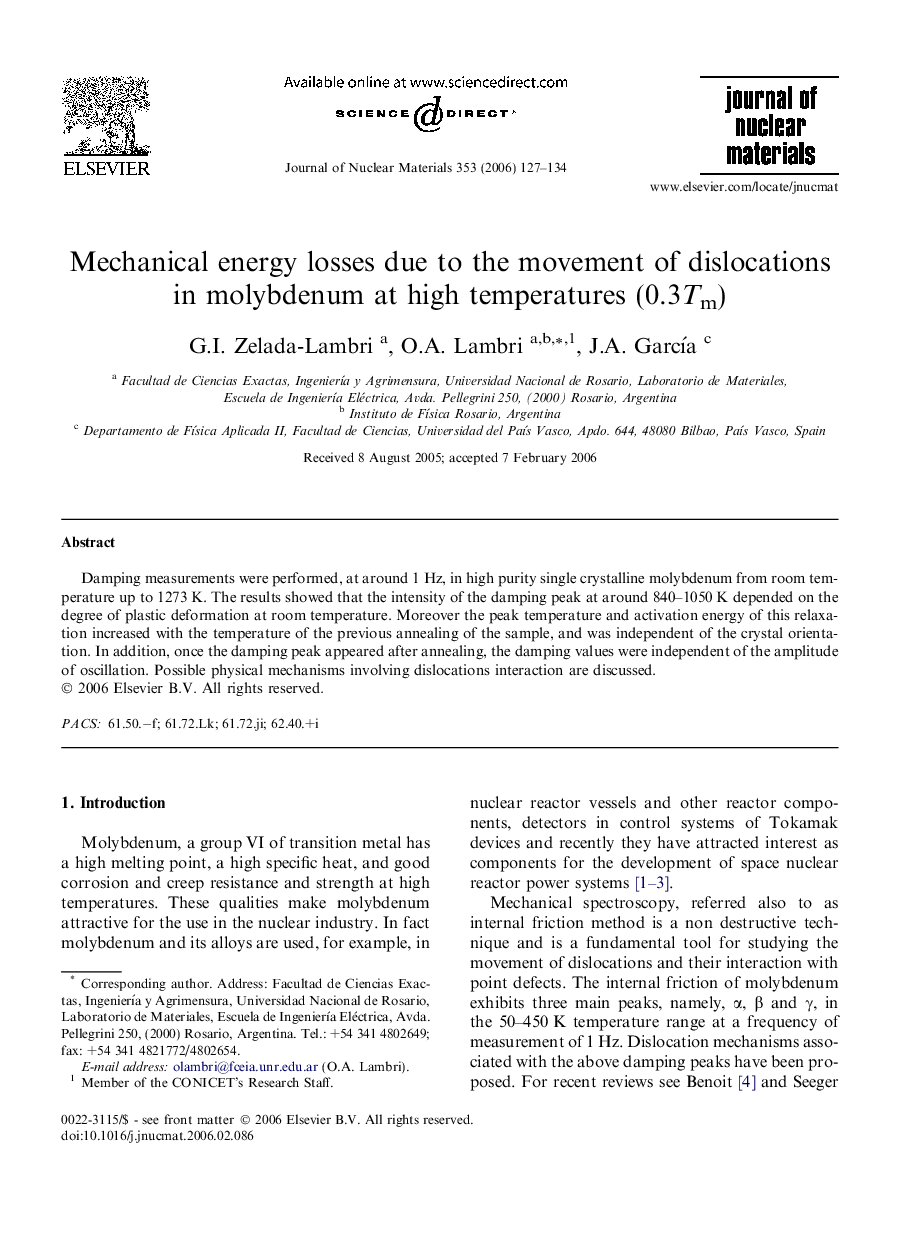 Mechanical energy losses due to the movement of dislocations in molybdenum at high temperatures (0.3Tm)