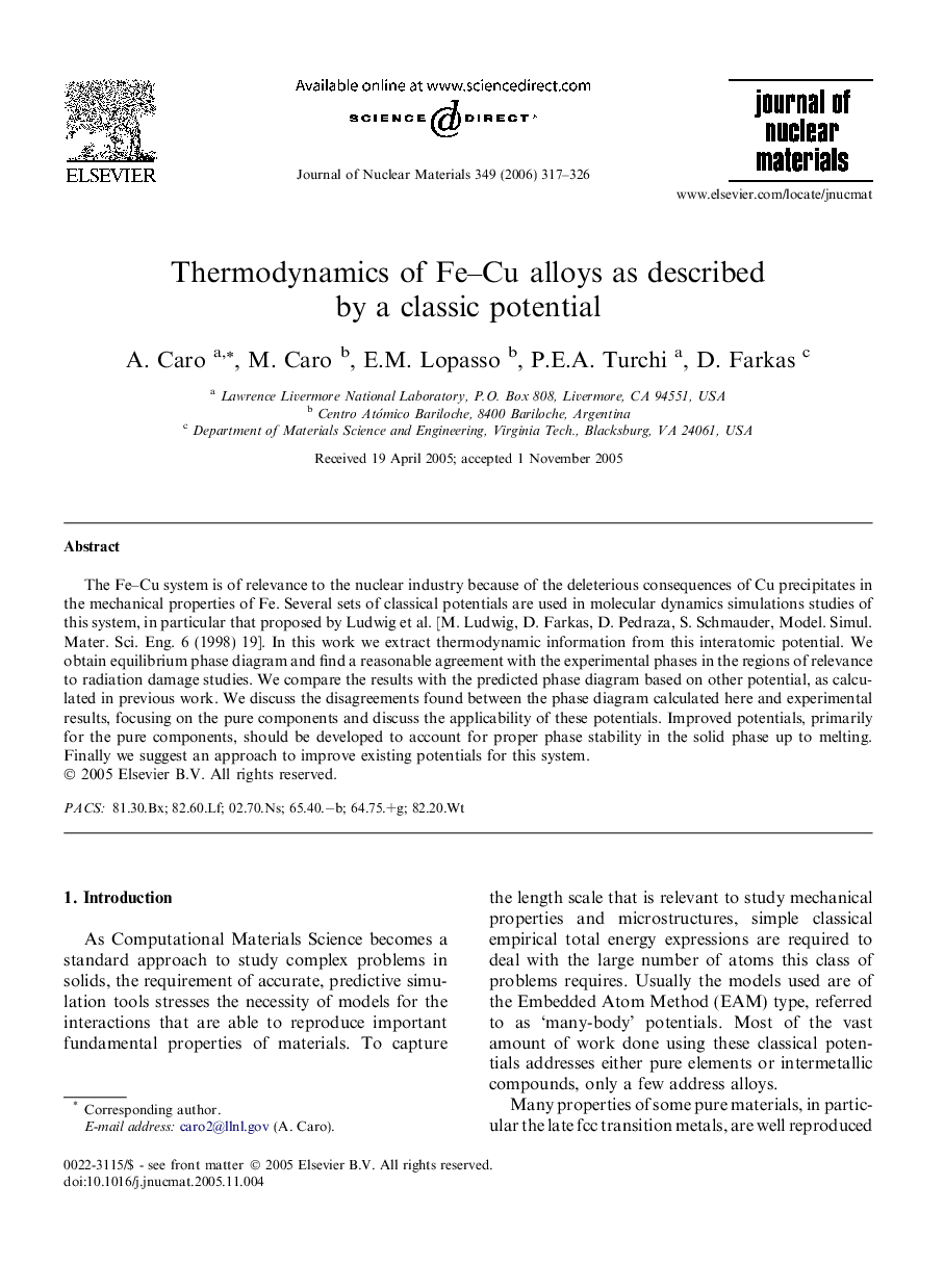 Thermodynamics of Fe–Cu alloys as described by a classic potential