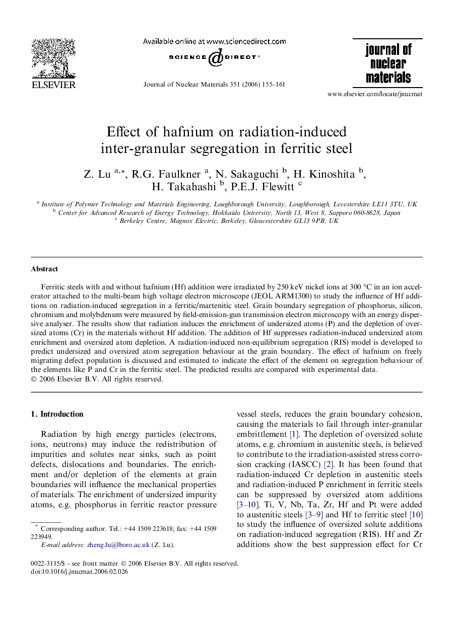 Effect of hafnium on radiation-induced inter-granular segregation in ferritic steel