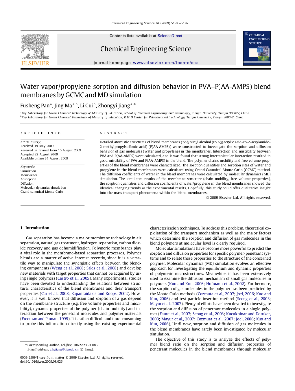 Water vapor/propylene sorption and diffusion behavior in PVA–P(AA-AMPS) blend membranes by GCMC and MD simulation