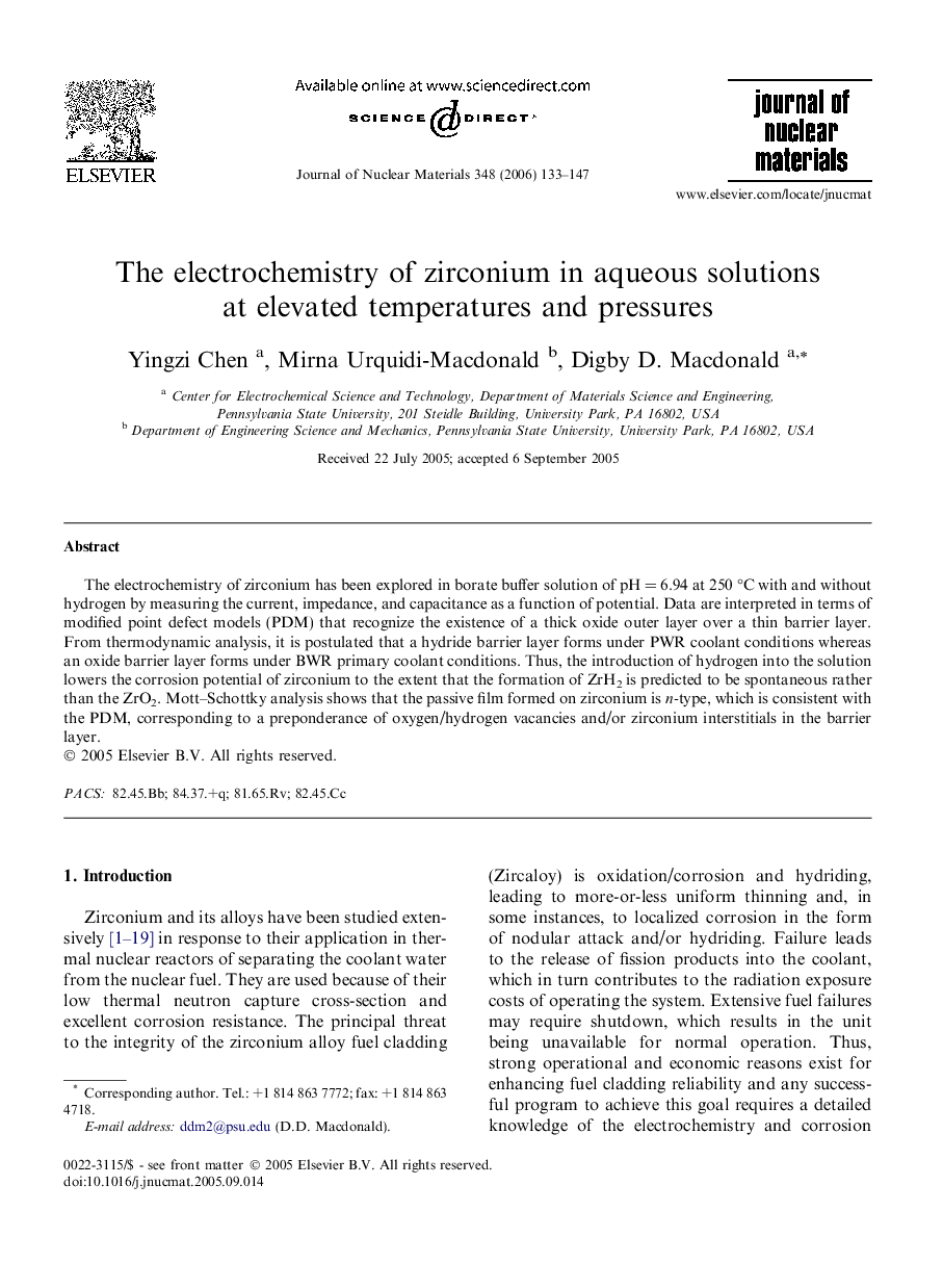 The electrochemistry of zirconium in aqueous solutions at elevated temperatures and pressures