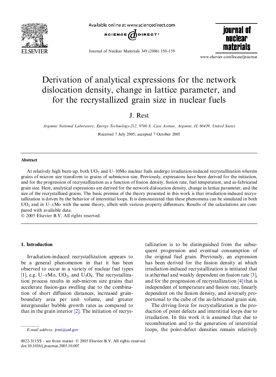 Derivation of analytical expressions for the network dislocation density, change in lattice parameter, and for the recrystallized grain size in nuclear fuels