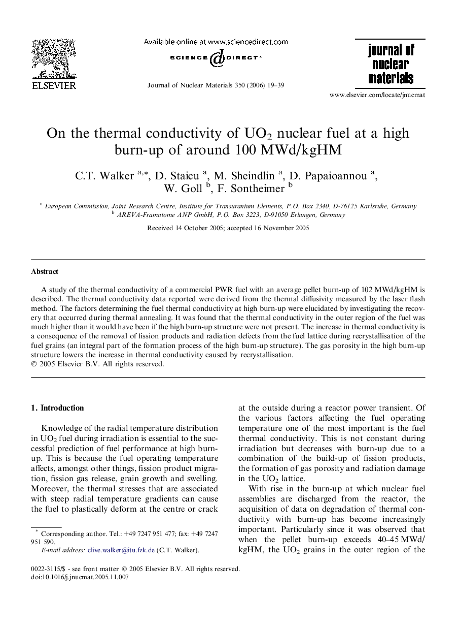 عکس صفحه اول مقاله: On the thermal conductivity of UO2 nuclear fuel at a high burn-up of around 100 MWd/kgHM On the thermal conductivity of UO2 nuclear fuel at a high burn-up of around 100 MWd/kgHM