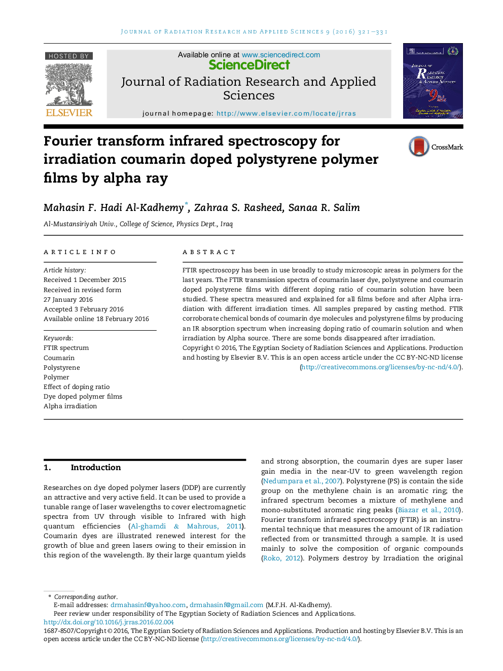 Fourier transform infrared spectroscopy for irradiation coumarin doped polystyrene polymer films by alpha ray 