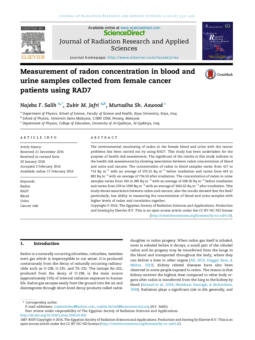 Measurement of radon concentration in blood and urine samples collected from female cancer patients using RAD7 