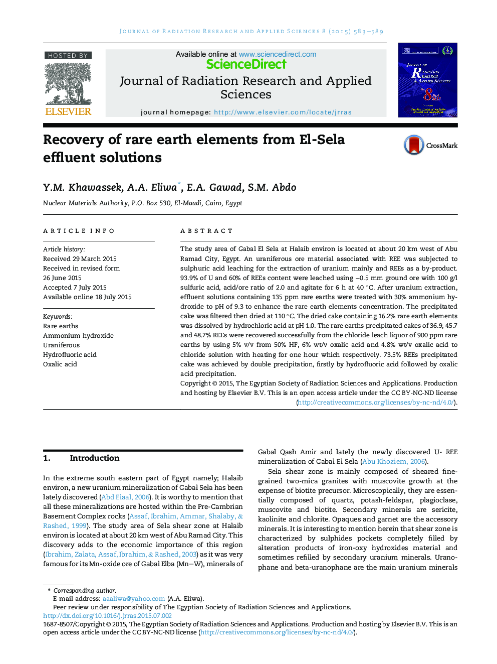 Recovery of rare earth elements from El-Sela effluent solutions 
